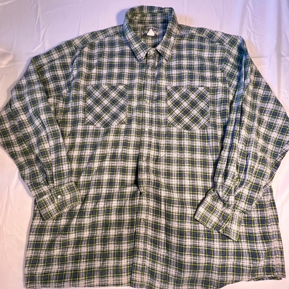 Vtg Haband XL Flannel Shirt Green Plaid Snap Button Long Sleeve Lumberjack Cabin